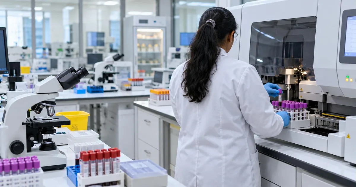 NABL accredited diagnostic lab - technician placing blood sample tubes beside an automated analyser